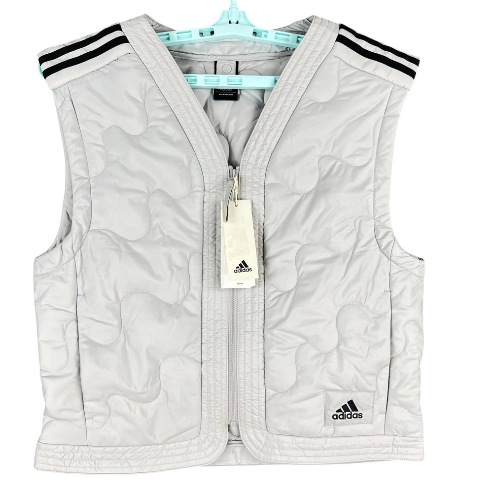 Adidas Men's Nuganic Insulated V-Neck Vest Jacket XS Grey Wavy Quilted Zip NWT